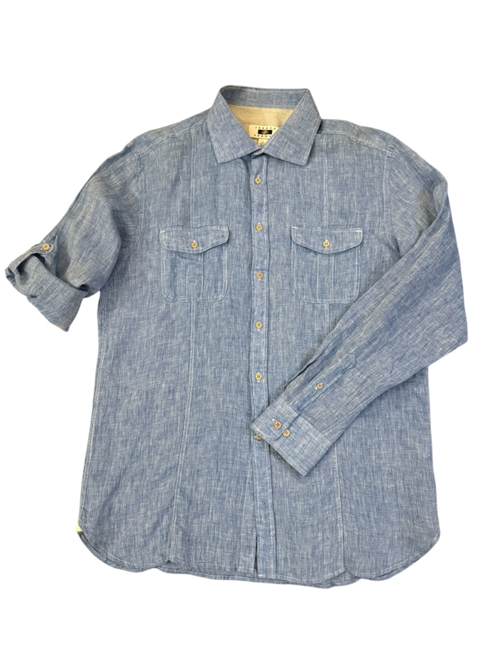 Joseph Abboud 100% Linen Shirt XL Blue Chambray Roll Tab Sleeve Button Front